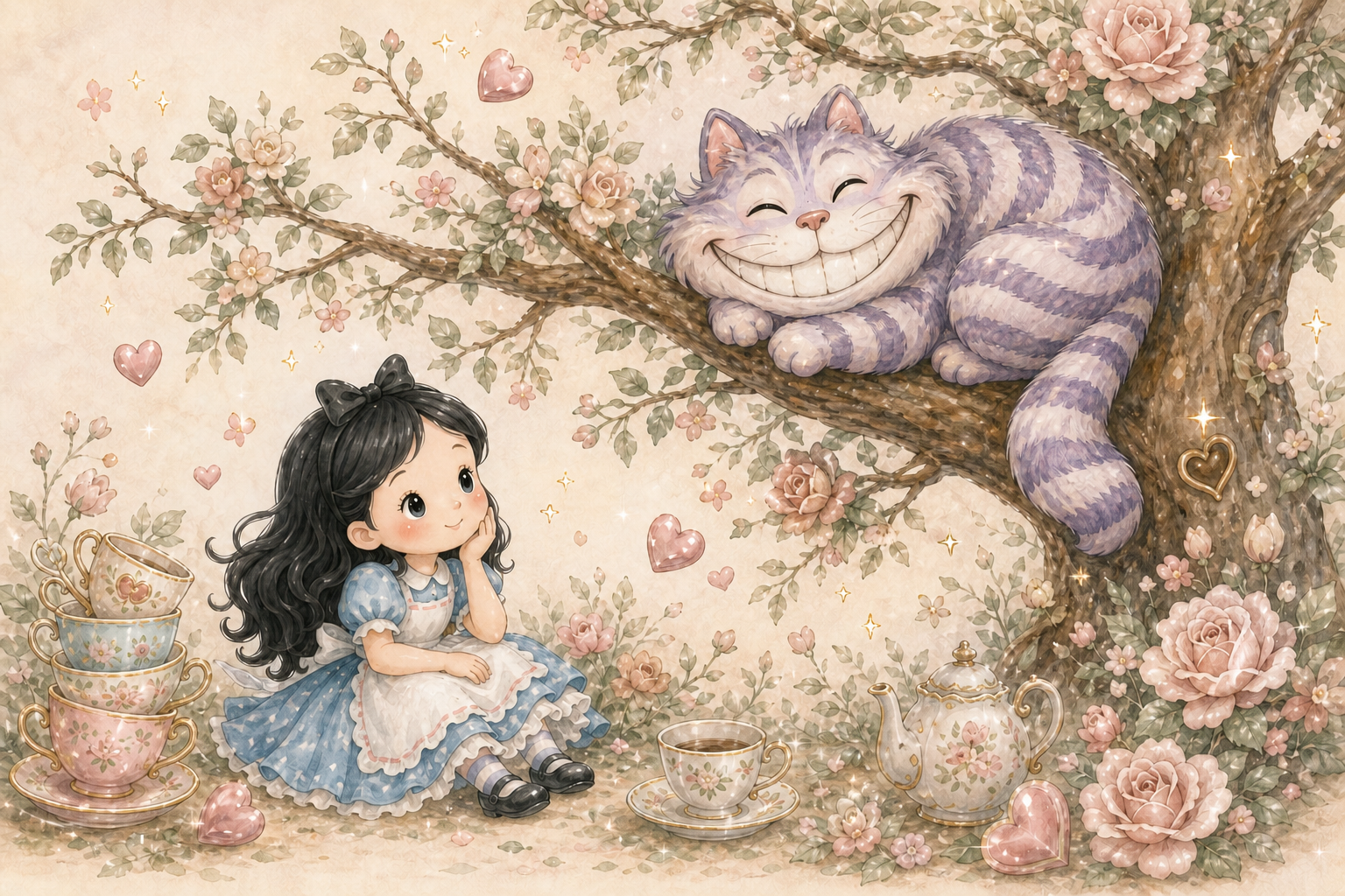 Alicia conversando con el gato sonriente sobre una rama